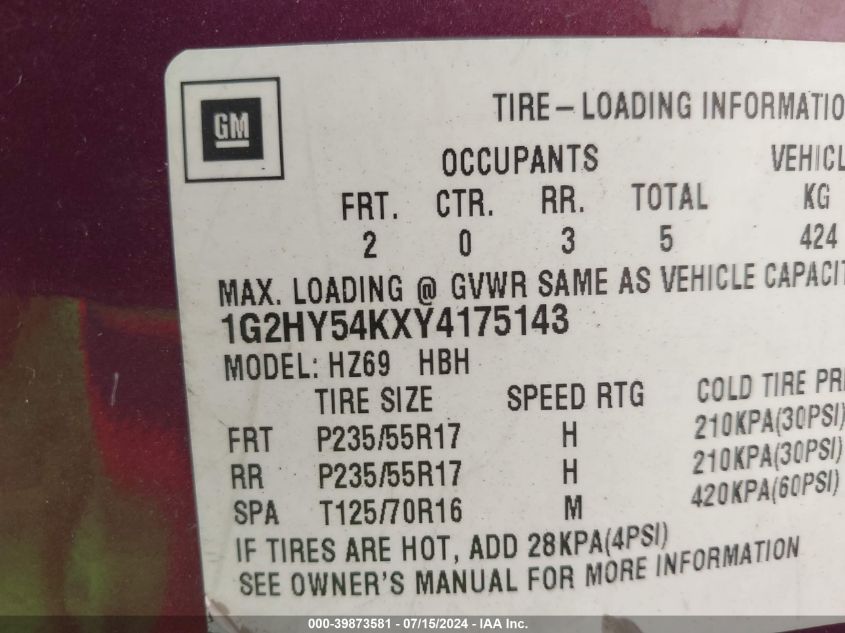 2000 Pontiac Bonneville Sle VIN: 1G2HY54KXY4175143 Lot: 39873581