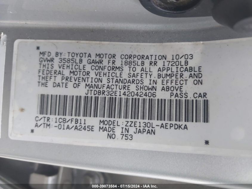 2004 Toyota Corolla Ce VIN: JTDBR32E142042406 Lot: 39873584