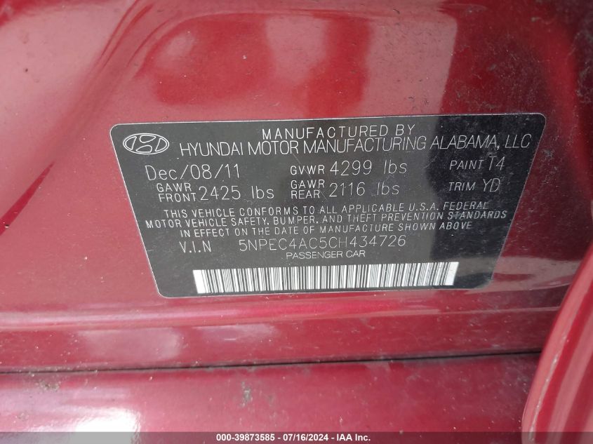 5NPEC4AC5CH434726 2012 Hyundai Sonata Se/Limited