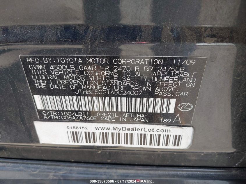 2010 Lexus Is 350 VIN: JTHBE5C21A5024007 Lot: 39873586