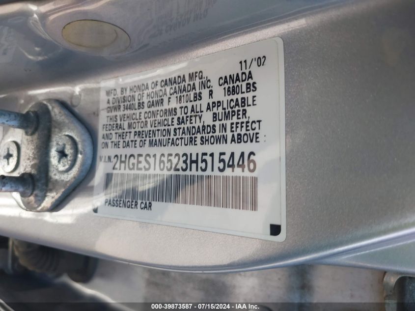 2003 Honda Civic Lx VIN: 2HGES16523H515446 Lot: 39873587