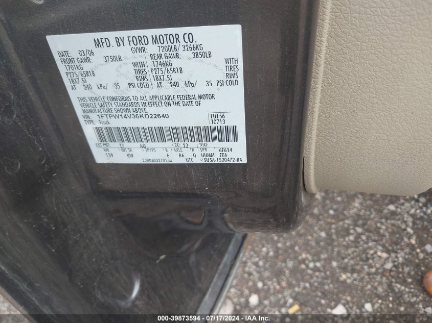 2006 Ford F-150 Fx4/Lariat/Xlt VIN: 1FTPW14V36KD22640 Lot: 39873594