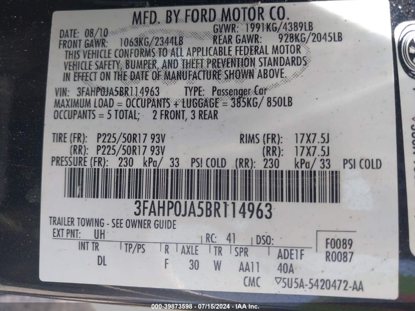 2011 Ford Fusion Sel VIN: 3FAHP0JA5BR114963 Lot: 39873598