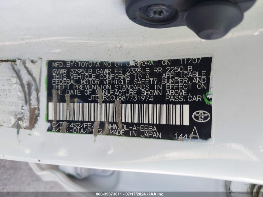 2008 Toyota Prius VIN: JTDBK20U887731974 Lot: 39873611