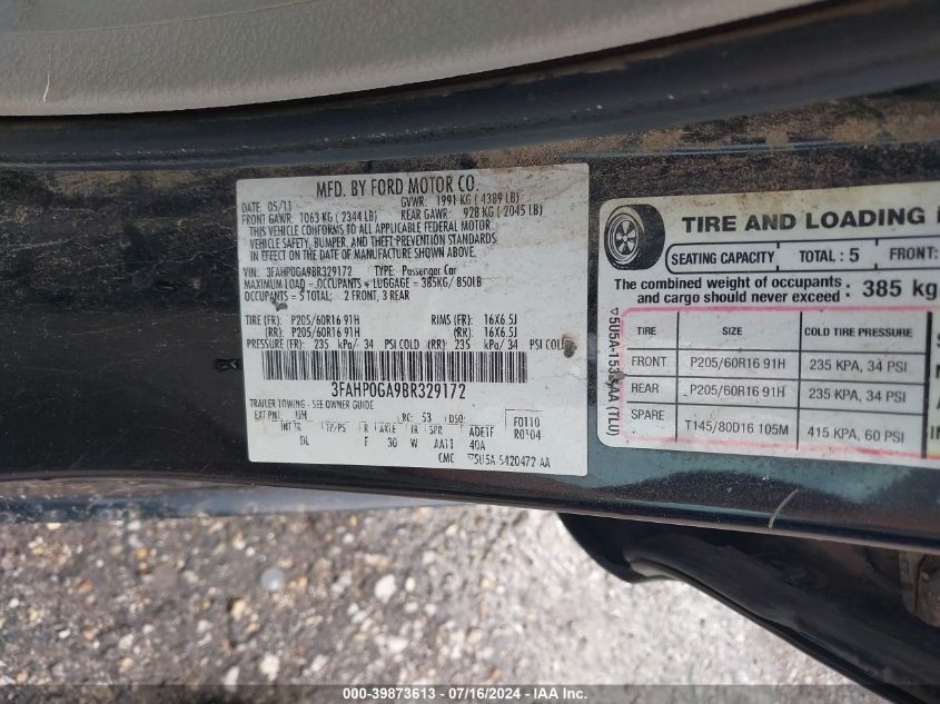 2011 Ford Fusion S VIN: 3FAHP0GA9BR329172 Lot: 39873613