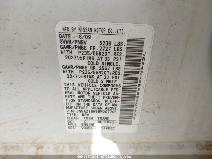 2009 Nissan Murano Le VIN: JN8AZ18W99W207705 Lot: 39873616