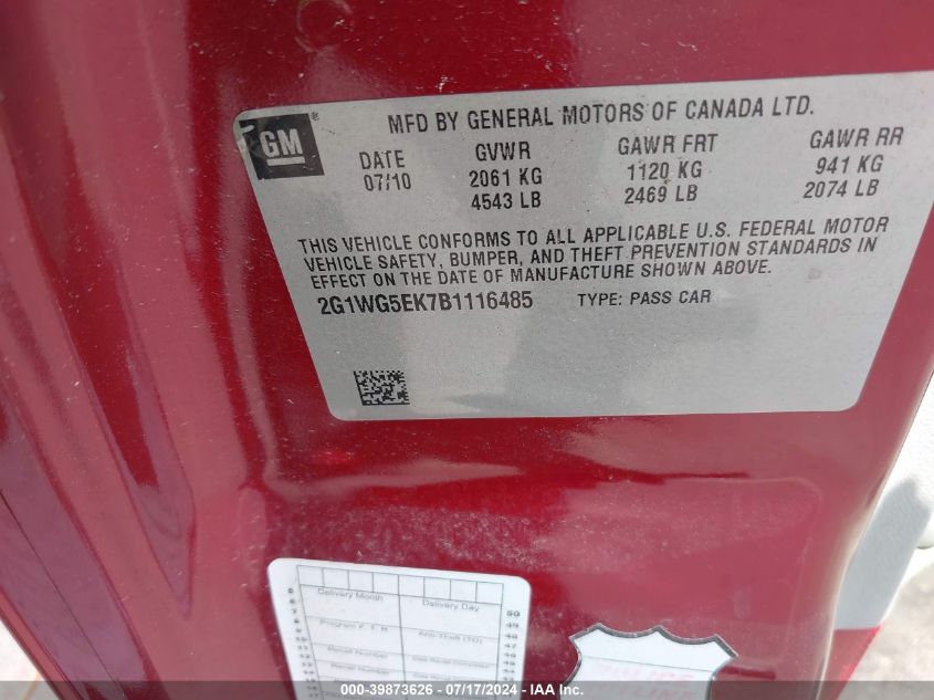 2011 Chevrolet Impala Lt VIN: 2G1WG5EK7B1116485 Lot: 39873626