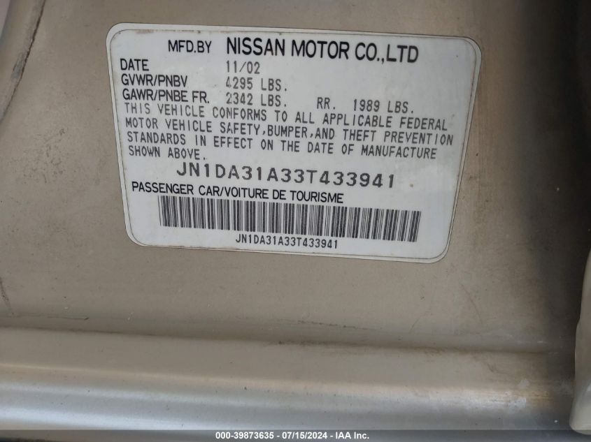 2003 Nissan Maxima Gle VIN: JN1DA31A33T433941 Lot: 39873635