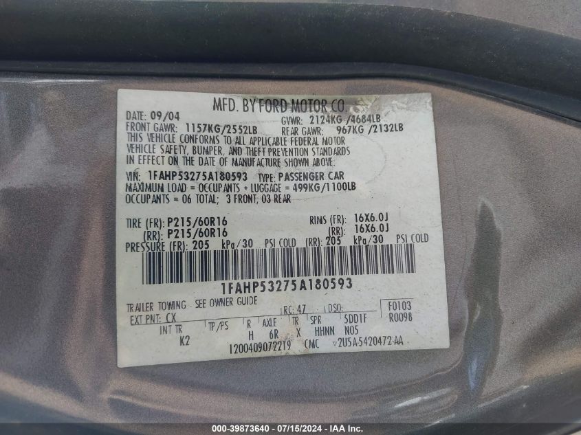 2005 Ford Taurus Se VIN: 1FAHP53275A180593 Lot: 39873640