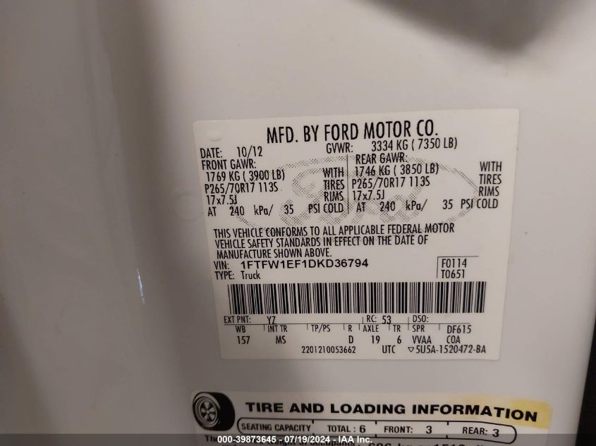 2013 Ford F-150 Xlt VIN: 1FTFW1EF1DKD36794 Lot: 39873645