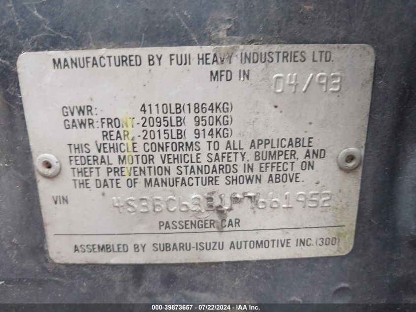 1993 Subaru Legacy L VIN: 4S3BC6331P7661952 Lot: 39873657