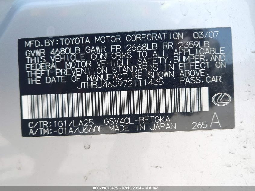 2007 Lexus Es 350 VIN: JTHBJ46G972111435 Lot: 39873675