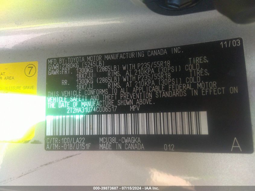 2004 Lexus Rx 330 VIN: 2T2HA31U74C006517 Lot: 39873687