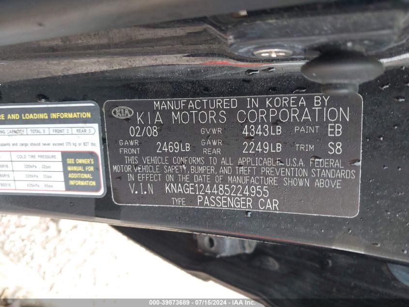 2008 Kia Optima Lx V6 VIN: KNAGE124485224955 Lot: 39873689