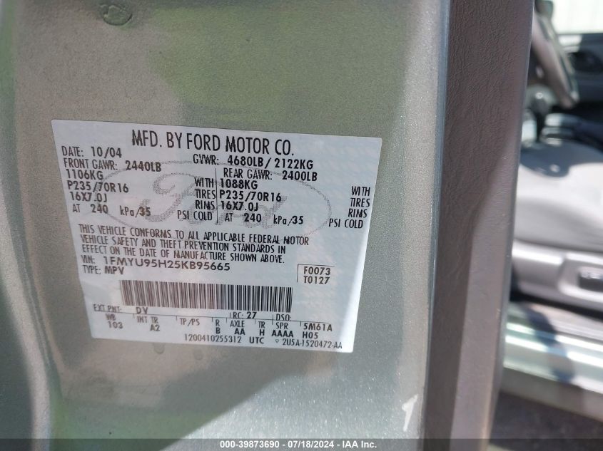 2005 Ford Escape Hybrid VIN: 1FMYU95H25KB95665 Lot: 39873690