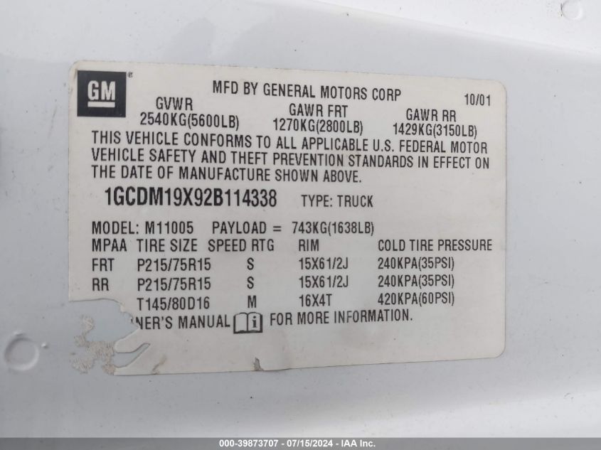 2002 Chevrolet Astro VIN: 1GCDM19X92B114338 Lot: 39873707