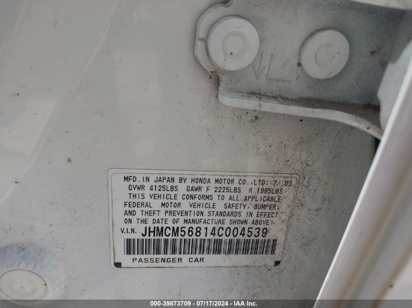 2004 Honda Accord Ex VIN: JHMCM56814C004539 Lot: 39873709