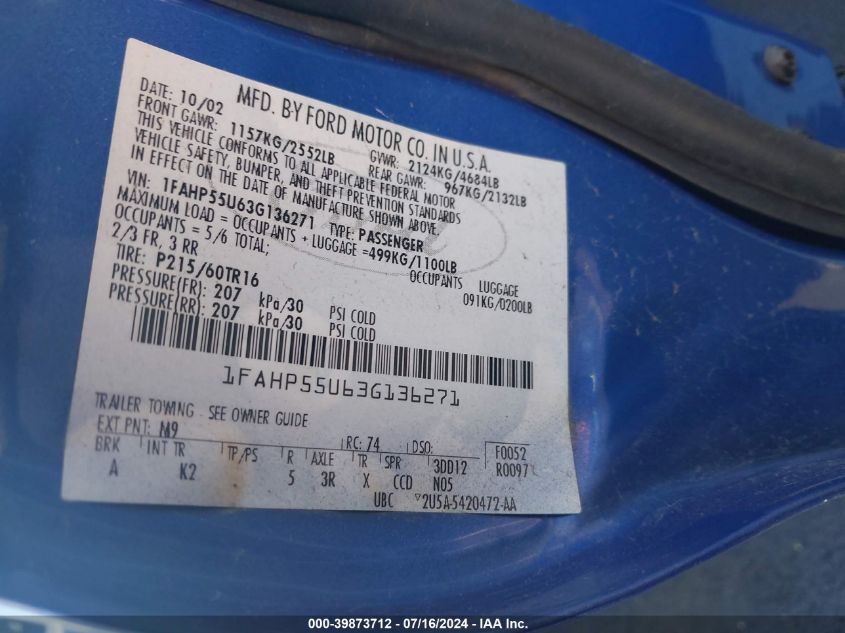 2003 Ford Taurus Ses VIN: 1FAHP55U63G136271 Lot: 39873712