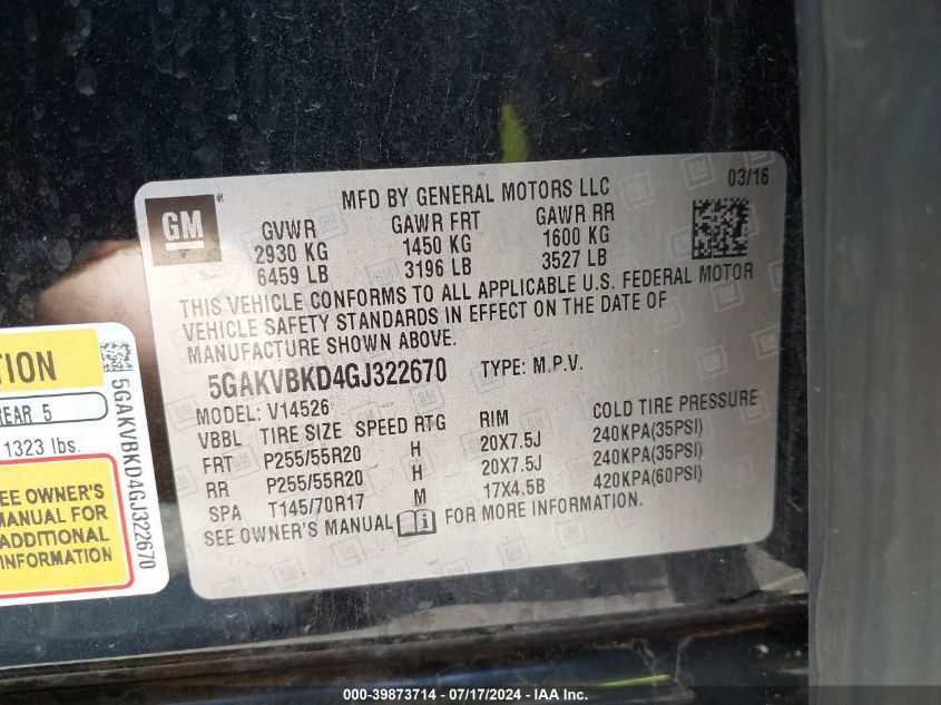 2016 Buick Enclave VIN: 5GAKVBKD4GJ322670 Lot: 39873714