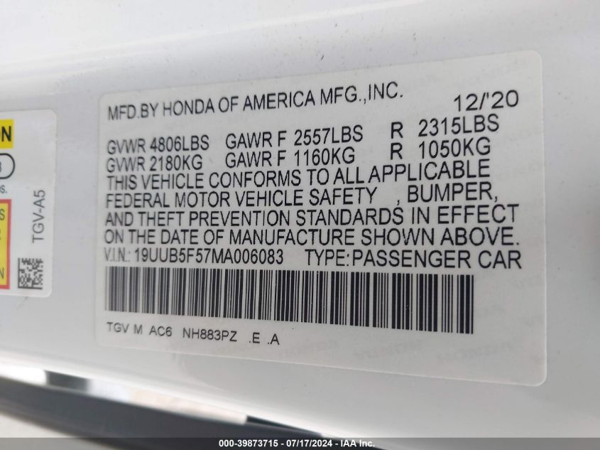 2021 Acura Tlx A-Spec Package VIN: 19UUB5F57MA006083 Lot: 39873715