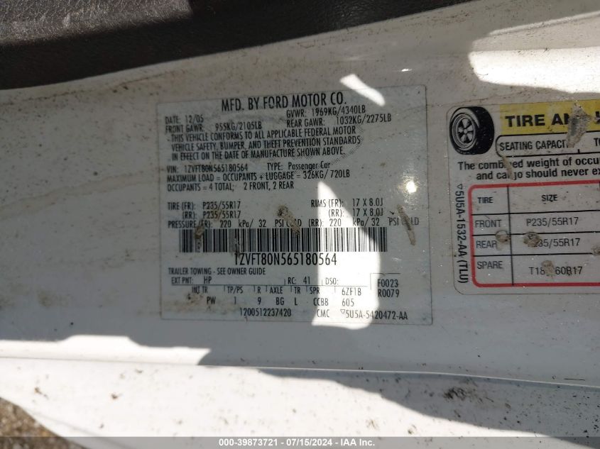 2006 Ford Mustang V6 VIN: 1ZVFT80N565180564 Lot: 39873721