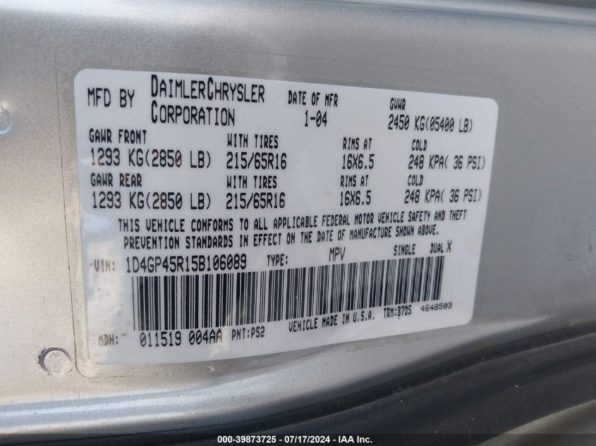 2005 Dodge Caravan Sxt VIN: 1D4GP45R15B106089 Lot: 39873725