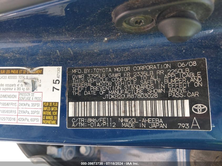 2008 Toyota Prius VIN: JTDKB20U887803028 Lot: 39873735