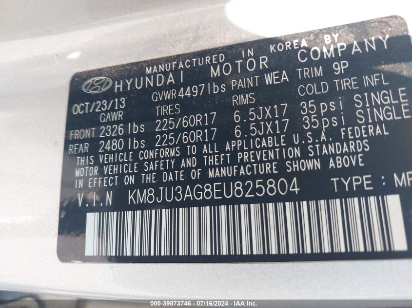 2014 Hyundai Tucson Se VIN: KM8JU3AG8EU825804 Lot: 39873746