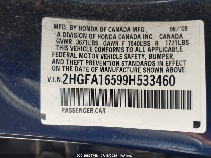 2009 Honda Civic Lx VIN: 2HGFA16599H533460 Lot: 39873748