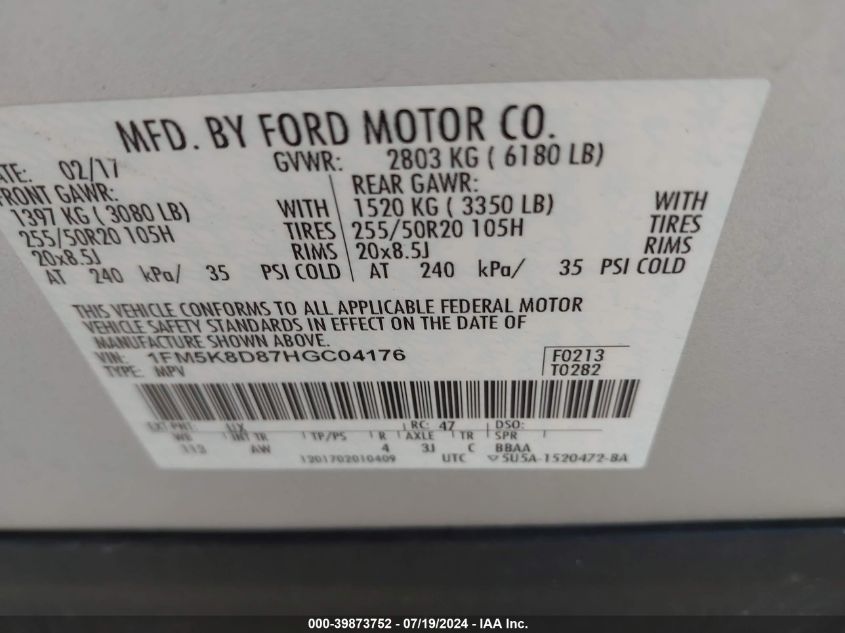 2017 Ford Explorer Xlt VIN: 1FM5K8D87HGC04176 Lot: 39873752