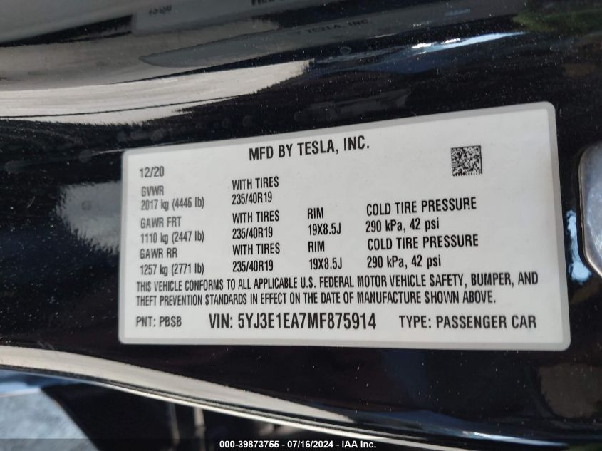 5YJ3E1EA7MF875914 2021 Tesla Model 3 Standard Range Plus Rear-Wheel Drive