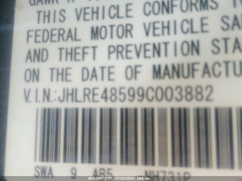 2009 Honda Cr-V Ex VIN: JHLRE48599C003882 Lot: 39873757