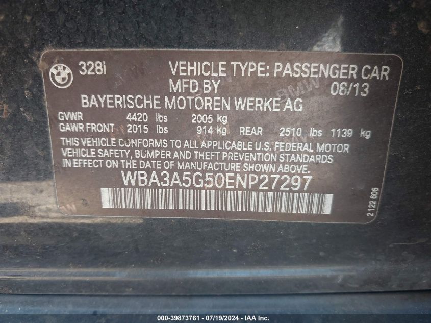 2014 BMW 328I VIN: WBA3A5G50ENP27297 Lot: 39873761