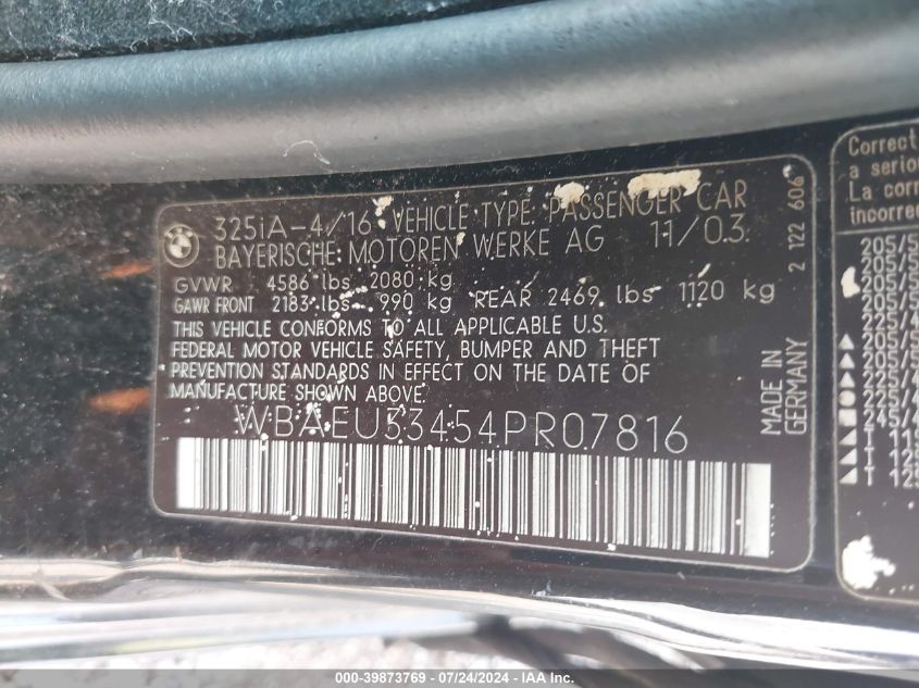 2004 BMW 325Xi VIN: WBAEU33454PR07816 Lot: 39873769