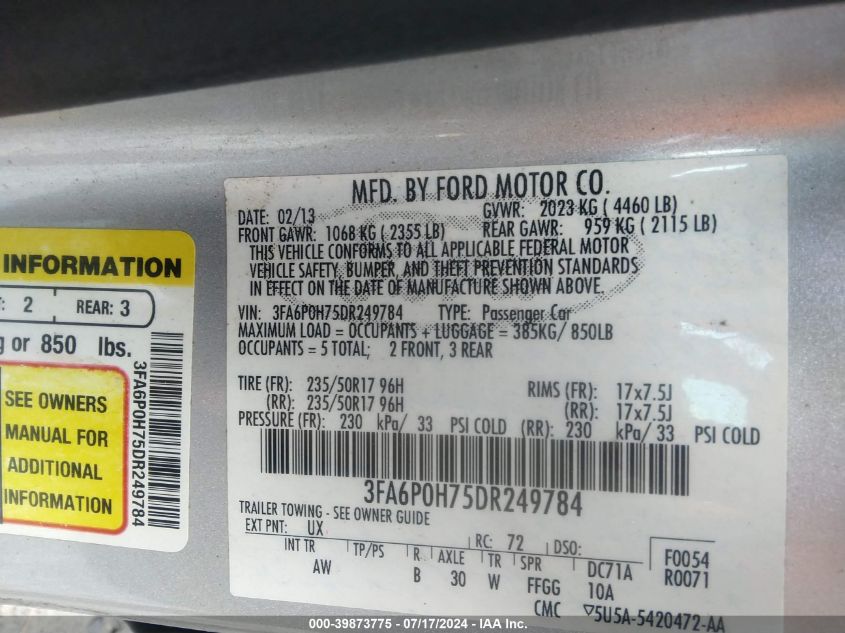 2013 Ford Fusion Se VIN: 3FA6P0H75DR249784 Lot: 39873775