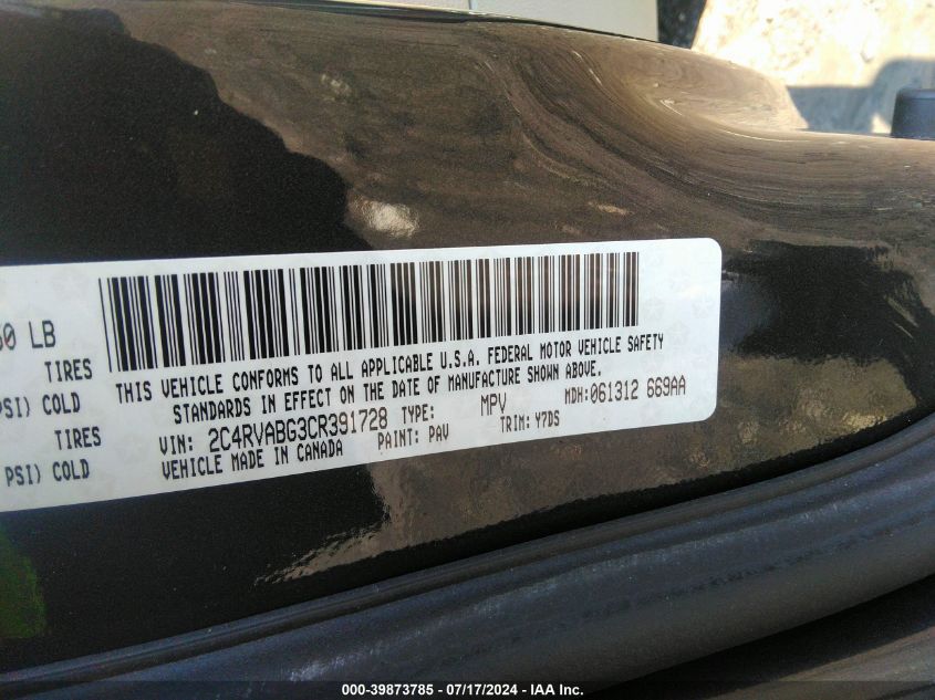 2012 Volkswagen Routan Se VIN: 2C4RVABG3CR391728 Lot: 39873785