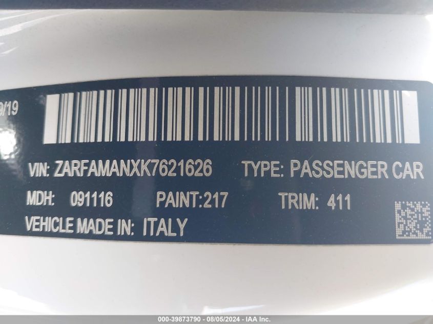 2019 Alfa Romeo Giulia Rwd VIN: ZARFAMANXK7621626 Lot: 39873790