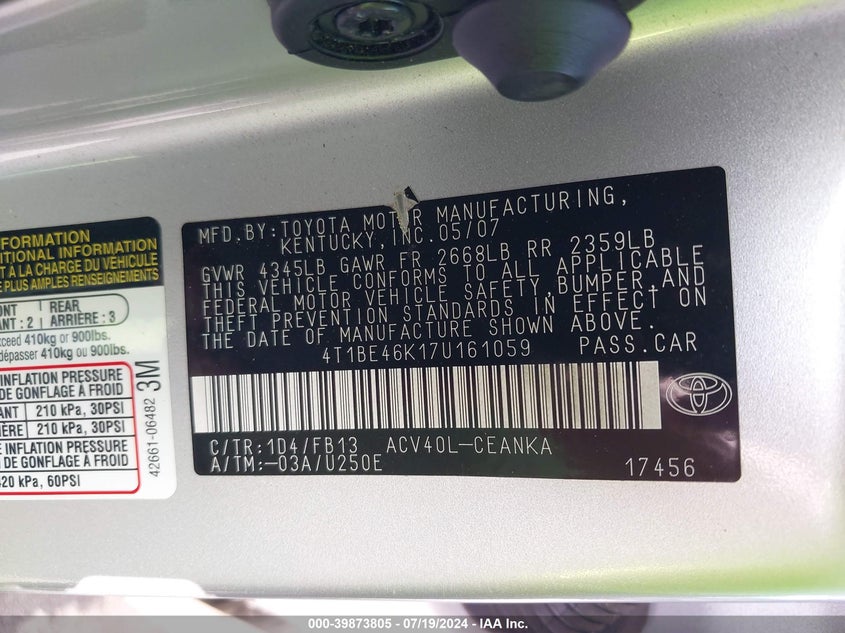 2007 Toyota Camry Ce/Le/Xle/Se VIN: 4T1BE46K17U161059 Lot: 39873805