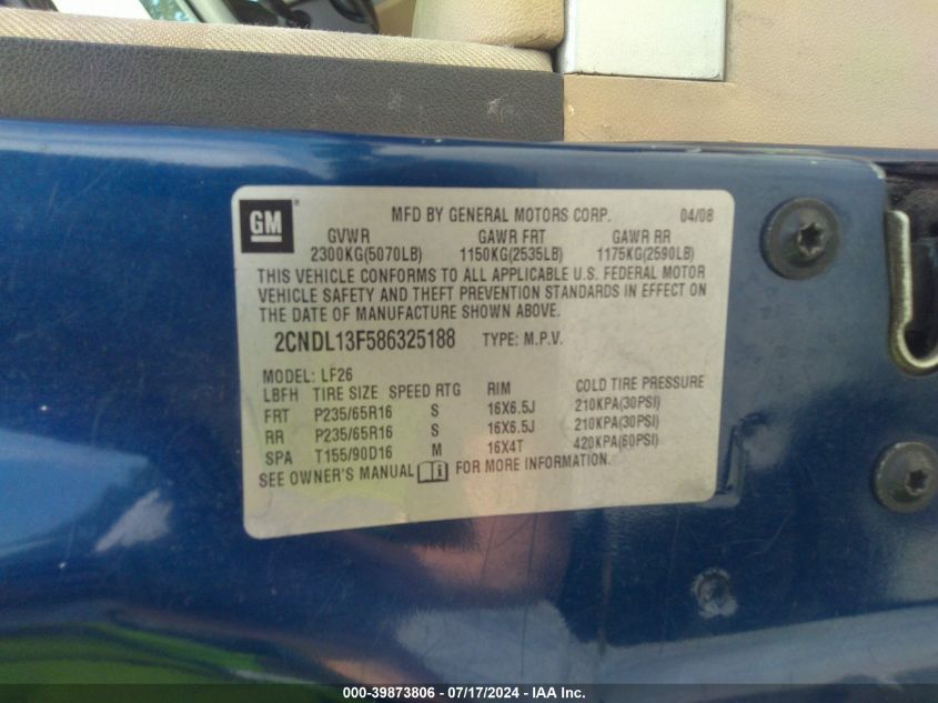 2008 Chevrolet Equinox Ls VIN: 2CNDL13F586325188 Lot: 39873806