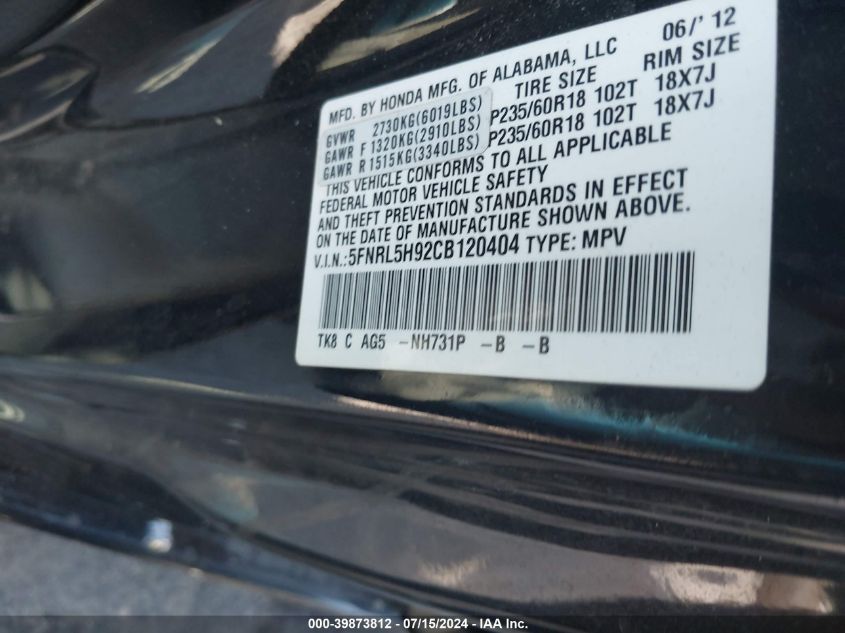 2012 Honda Odyssey Touring/Touring Elite VIN: 5FNRL5H92CB120404 Lot: 39873812