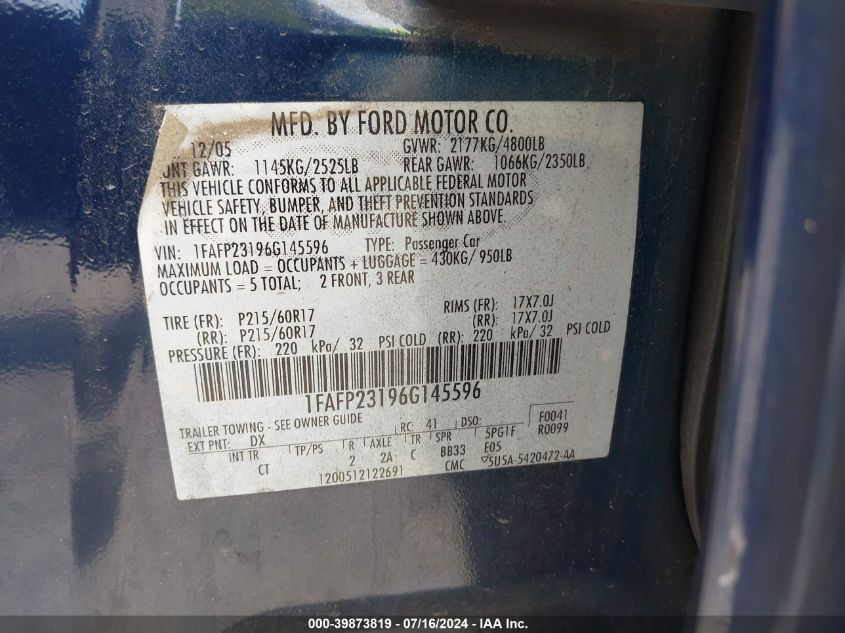 2006 Ford Five Hundred Se VIN: 1FAFP23196G145596 Lot: 39873819