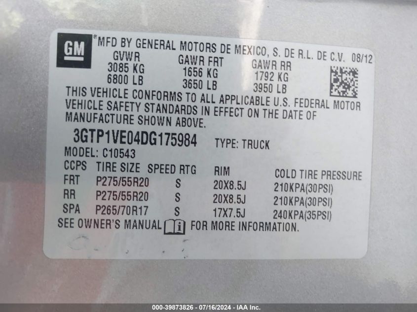 2013 GMC Sierra 1500 Sle VIN: 3GTP1VE04DG175984 Lot: 39873826