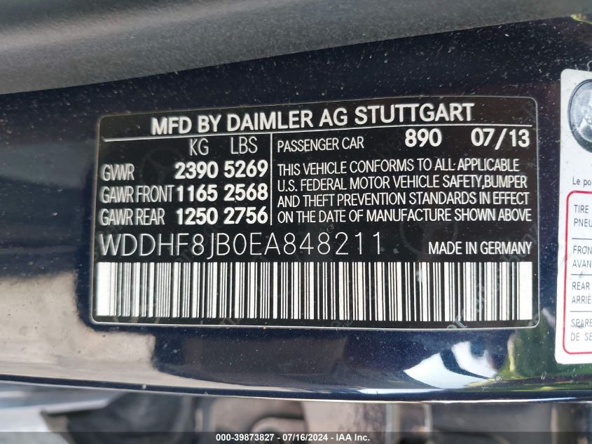 2014 Mercedes-Benz E 350 4Matic VIN: WDDHF8JB0EA848211 Lot: 39873827