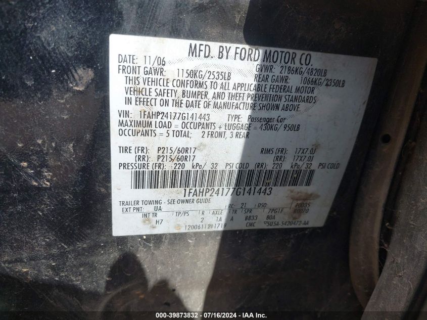 2007 Ford Five Hundred Sel VIN: 1FAHP24177G141443 Lot: 39873832