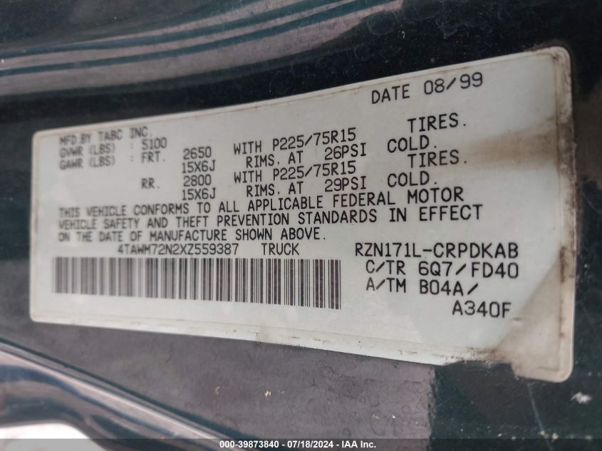 1999 Toyota Tacoma Xtracab VIN: 4TAWM72N2XZ559387 Lot: 39873840