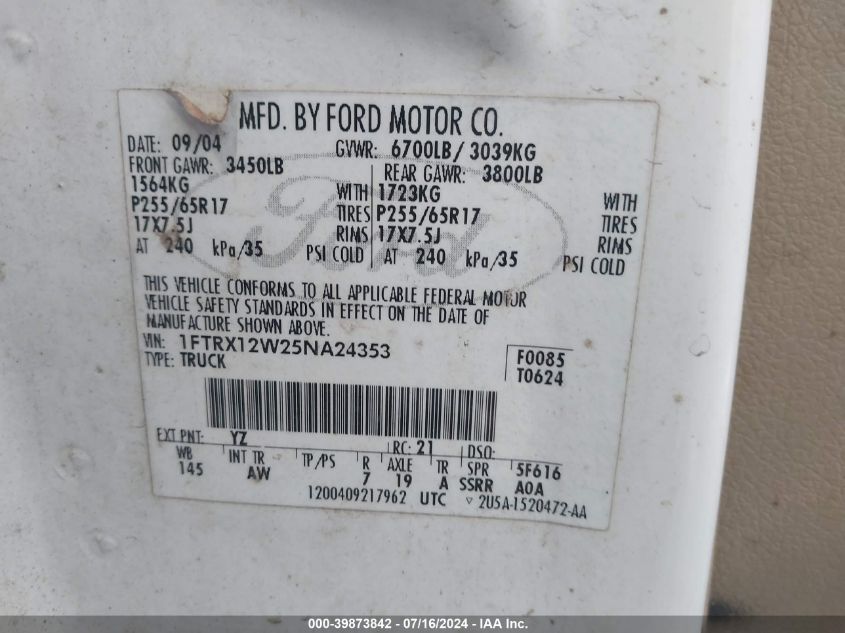 2005 Ford F-150 Stx/Xl/Xlt VIN: 1FTRX12W25NA24353 Lot: 39873842