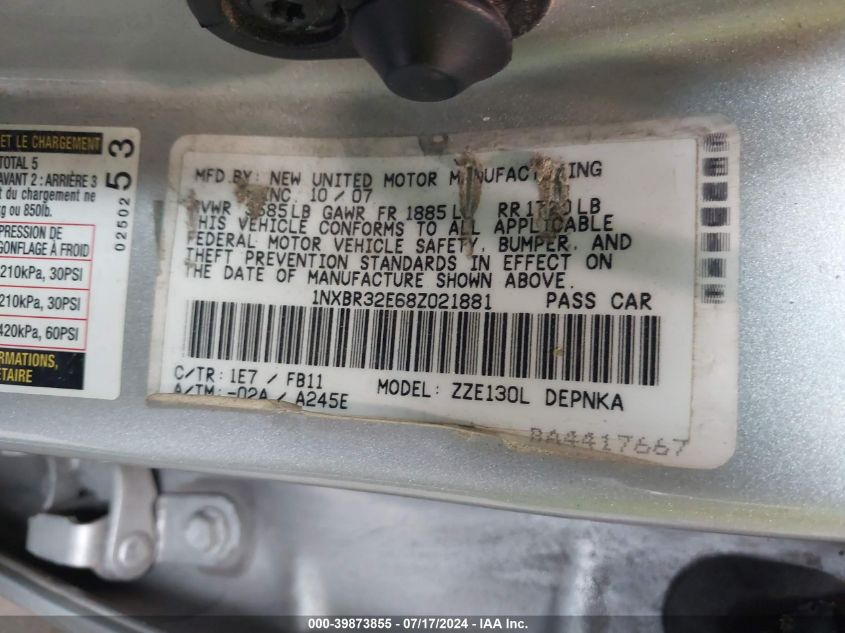 2008 Toyota Corolla Le VIN: 1NXBR32E68Z021881 Lot: 39873855