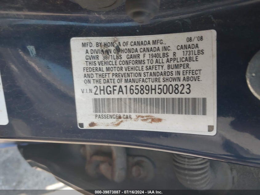 2009 Honda Civic Lx VIN: 2HGFA16589H500823 Lot: 39873887