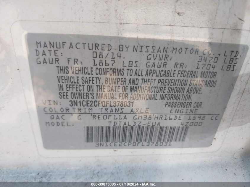 2015 Nissan Versa Note S (Sr)/S Plus/Sl/Sr/Sv VIN: 3N1CE2CP0FL378031 Lot: 39873895