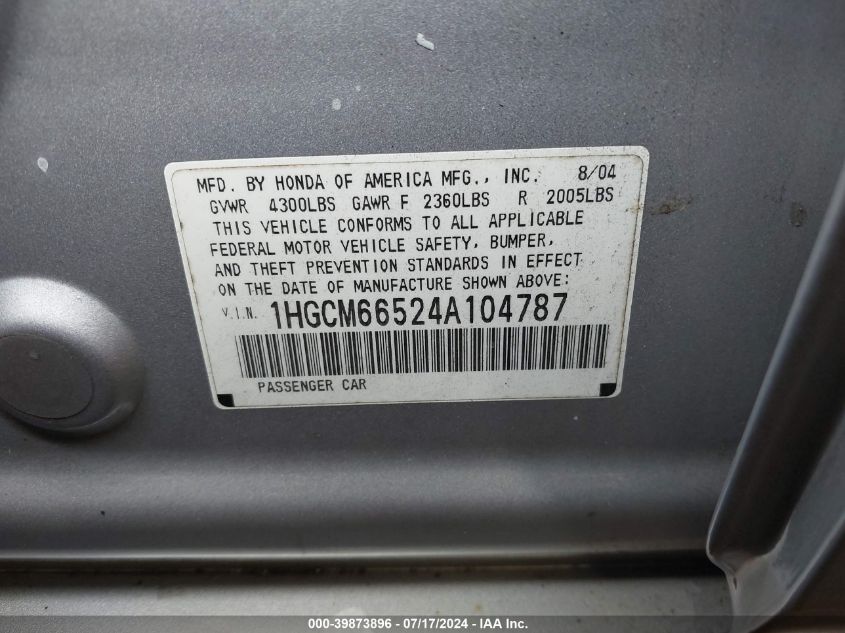 2004 Honda Accord 3.0 Ex VIN: 1HGCM66524A104787 Lot: 39873896